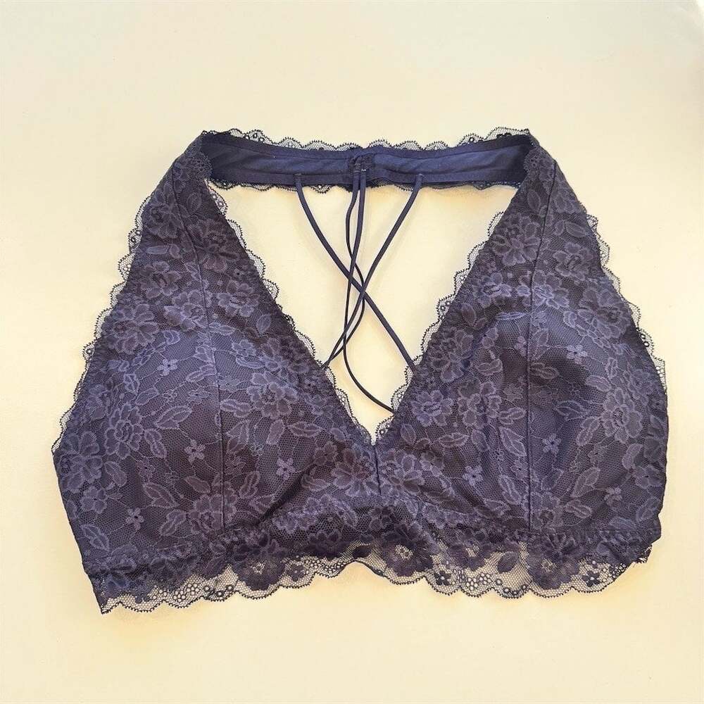 Gilly Hicks Bralette Womens XL Navy Blue Floral Lace Halter Strappy Back